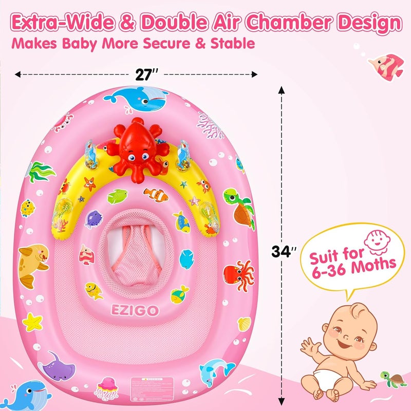 EZIGO Baby Pool Float with Canopy UPF50+ Sun Protection, Inflatable Kids Pool Floats with Ocean Animal Toys for Baby 6-36 Months, Infant Swimming Float with Adjustable Safety Seat for Boys Girls - Image 3